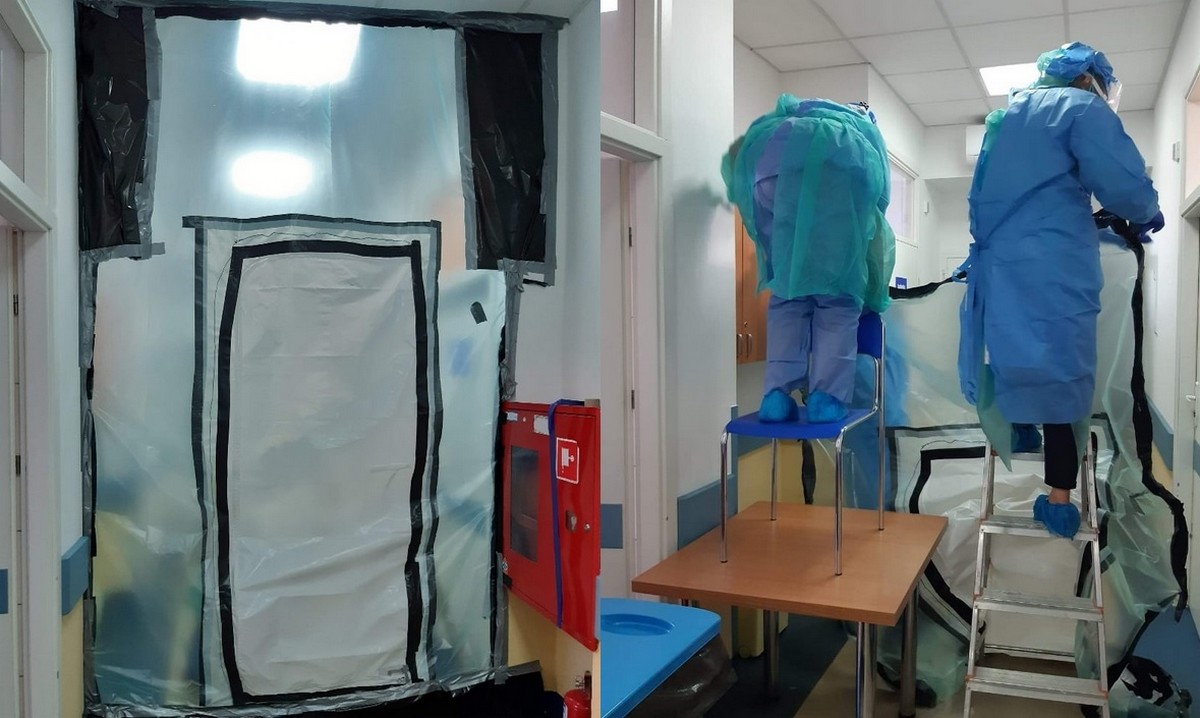 Lekarze zrobili śluzę oddzielającą chorych z taśmy, worków, pomysłowości i rozpaczy