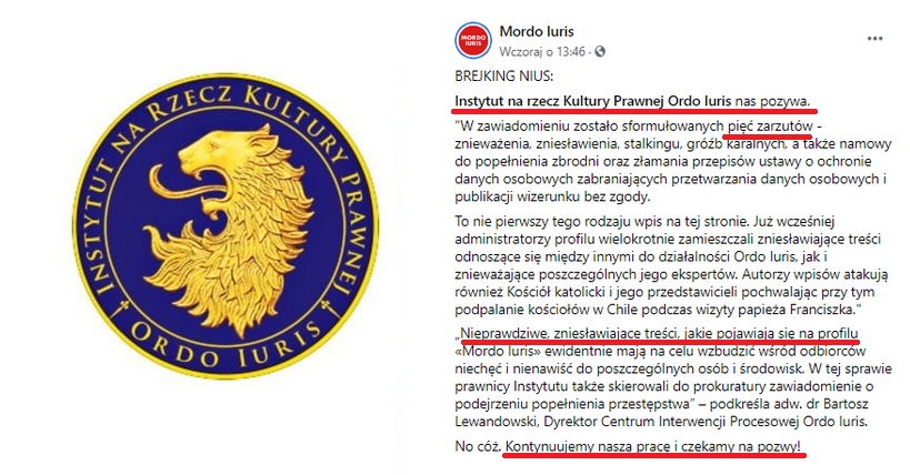 Stowarzyszenie Ordo Iuris pozwało parodiujący ich fanpage Mordo Iuris