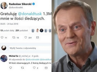 Sikorski: "Gratuluję @donaldtusk 1.3M śledzących"