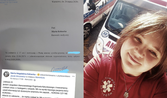 Ratownik medyczna zwolniona listownie. Opisała 18-godzinną "kwarantannę" w karetce