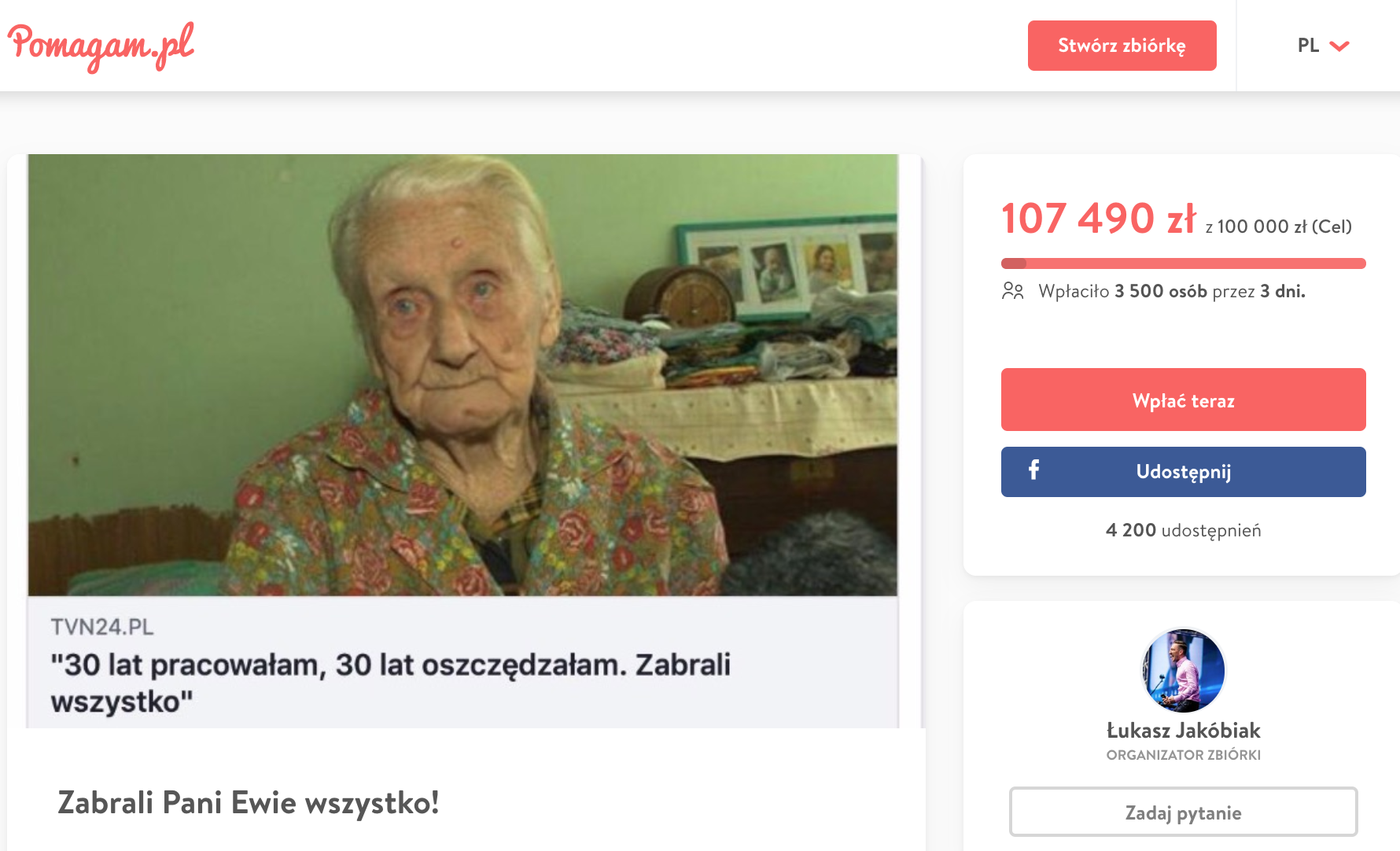 Okradziona staruszka boi się dostać pieniądze ze zbiórki internautów