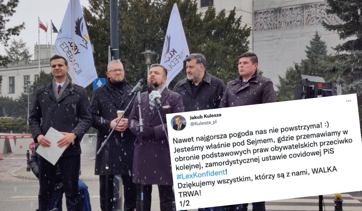 Konfederacja przed Sejmem na złość rządowi odmraża sobie uszy i protestuje przeciwko "lex Konfident"