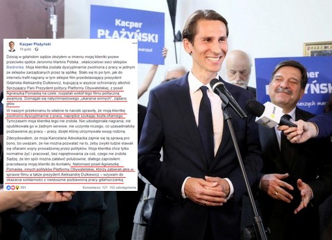 Płażyński pozywa Biedronkę. Broni kasjerki zwolnionej za nagranie zakupów Dulkiewicz