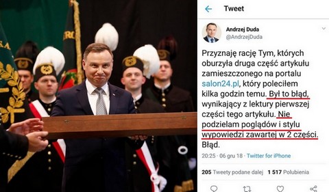 Duda przeprasza za polecanie artykułu, w którym UE nazwano "Niemiecką IV Rz*szą"