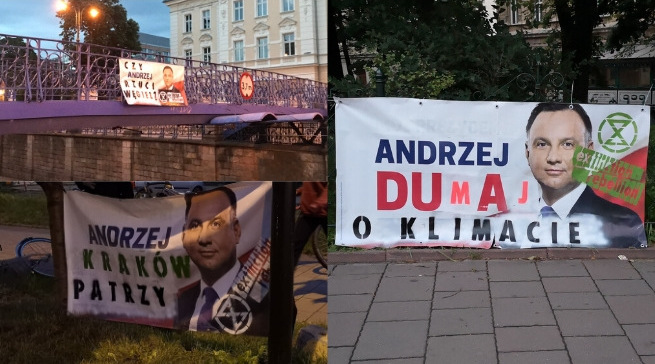 Extinction Rebellion na zrecyklingowanych banerach nawołuje Dudę do ochrony klimatu