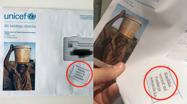 Naklejki "Katoliku, wyrzuć to" na listach od UNICEF-u to sprawka kuriera. "Został odsunięty od pracy"