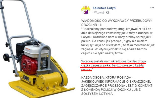Lotyń: skradziono zagęszczarkę, więc stoi budowa drogi, sołtys Lotynia apeluje o pomoc