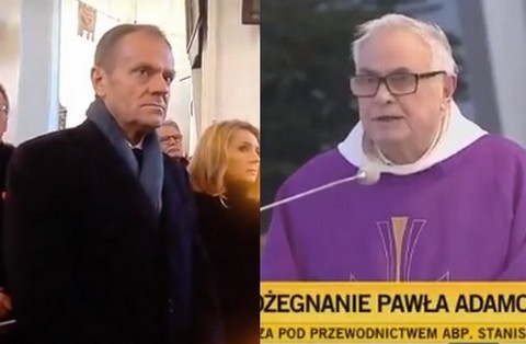 Wiadomości TVP pokazały Tuska, gdy ksiądz mówił o "języku nienawiści"