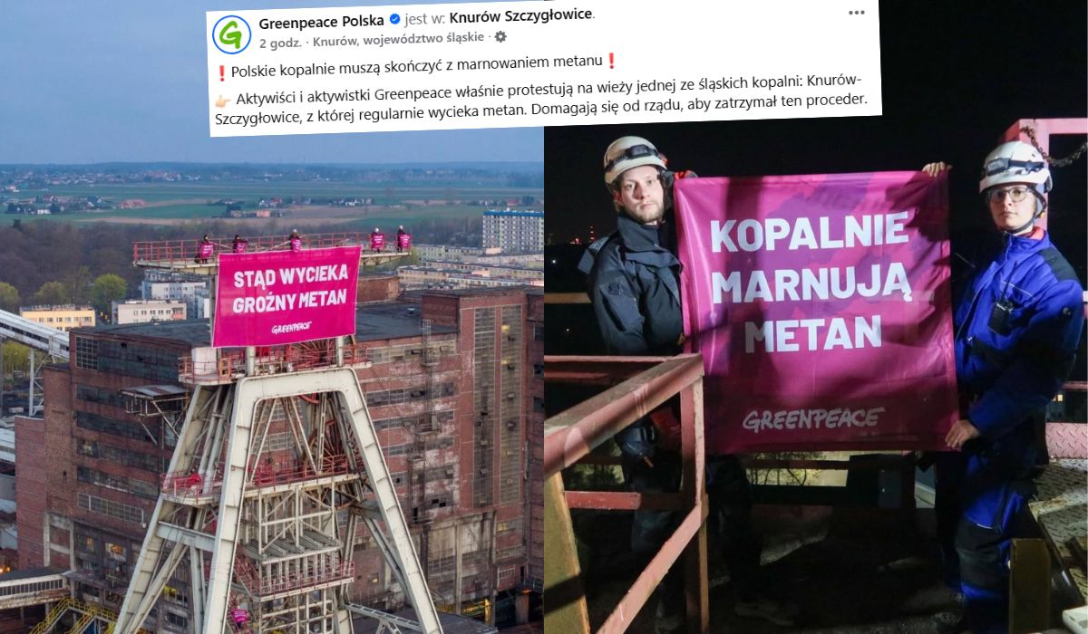 Aktywiści Greenpeace wspięli się na 50-metrową wieżę kopalni Szczygłowice w ramach antymetanowego protestu