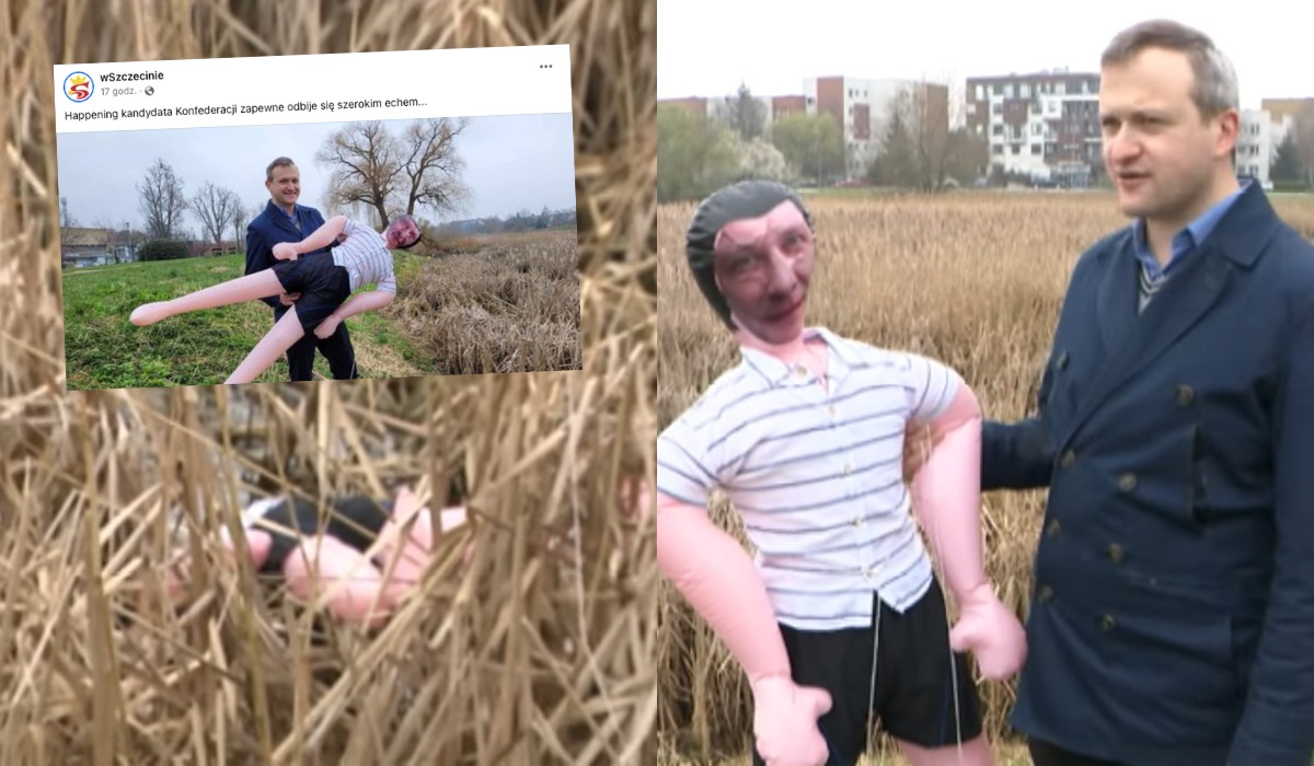 Kandydat Konfederacji wrzucił dmuchaną lalę do jeziora w ramach walki o oczyszczenie akwenu