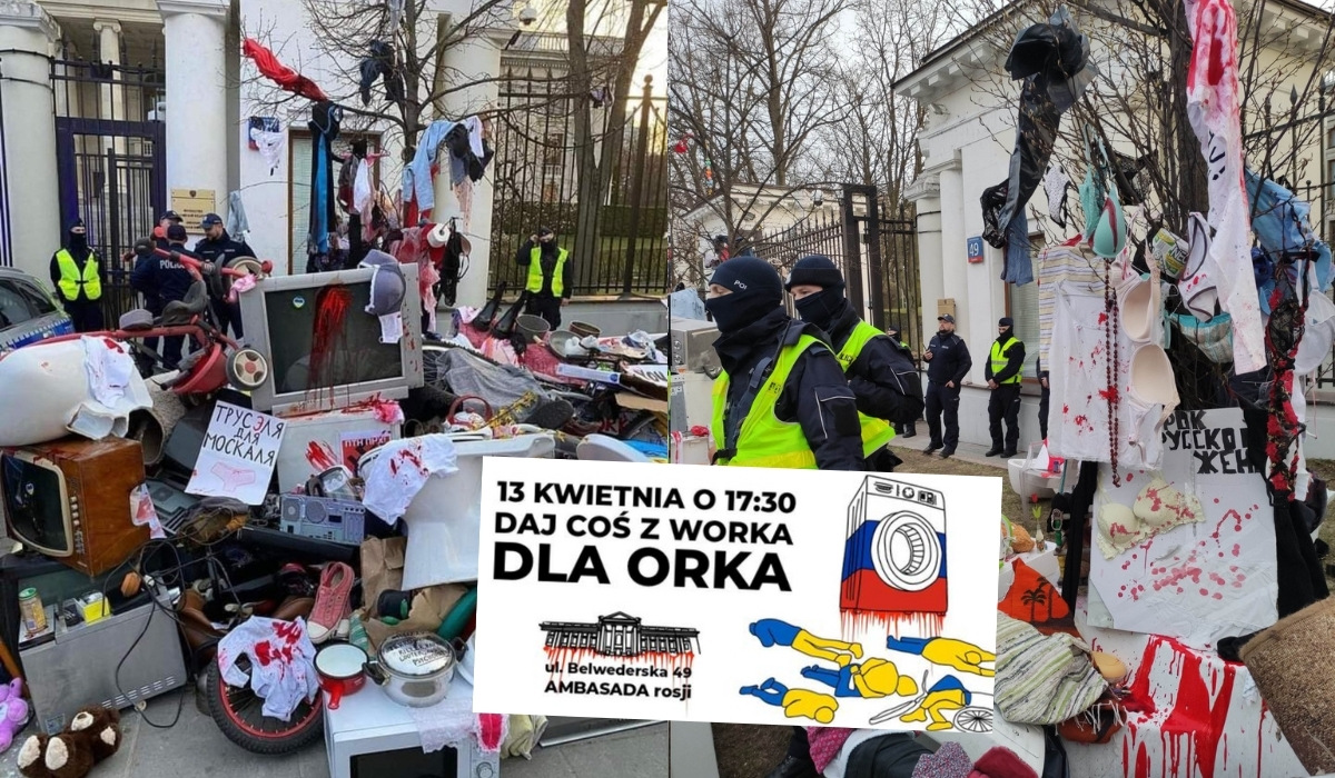 Krwawe "dary dla orków" pod ambasadą Rosji w Warszawie: pralki, sedesy i stare ubrania