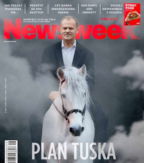 Tusk na białym koniu na okładce "Newsweeka"