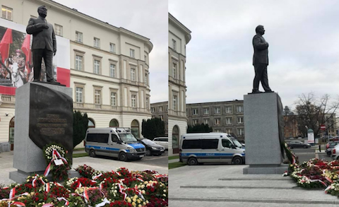 Pomnika Kaczyńskiego pilnuje policja. "Jak ktoś tego nie rozumie, to jego problem"