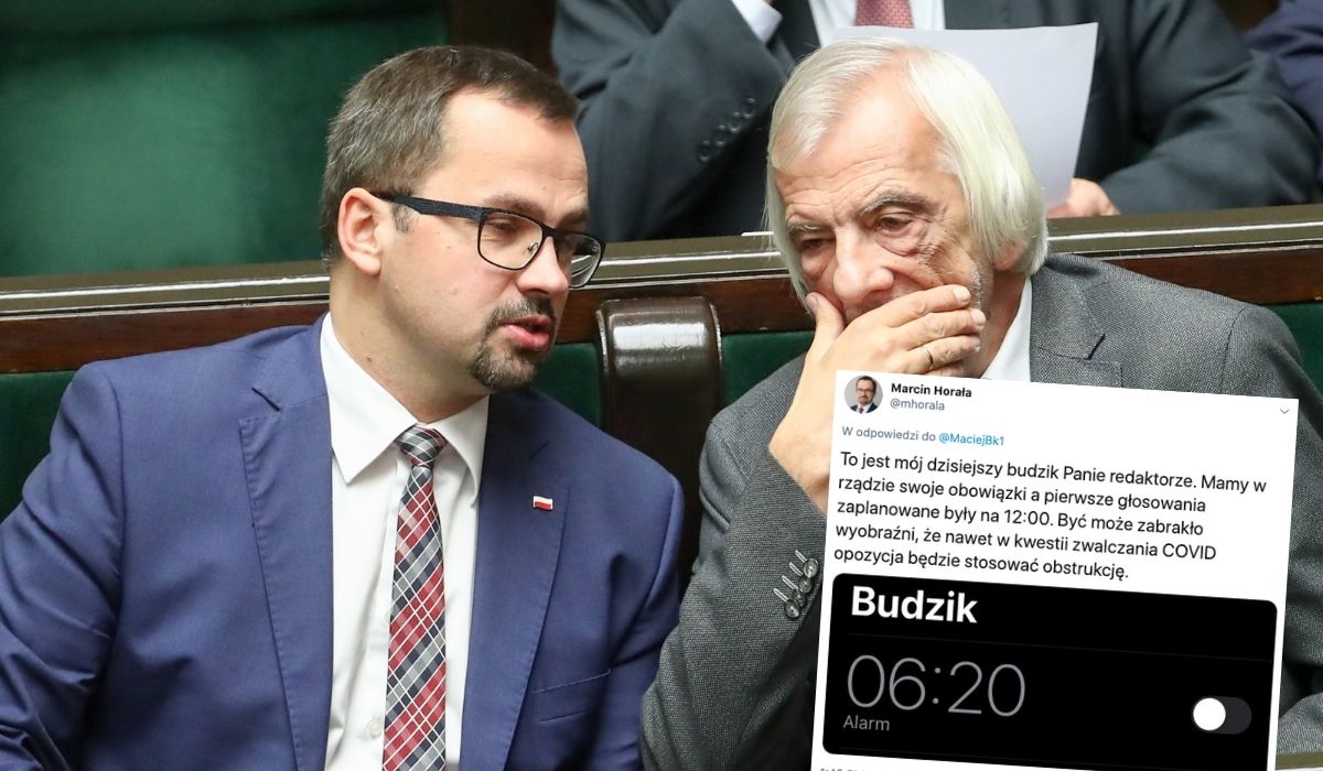 Poseł Horała tłumaczy się, że nie był na głosowaniu, ale wstaje wcześnie, pokazuje screen budzika