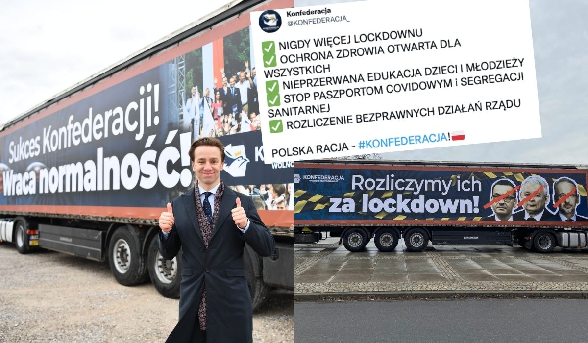 Konfederacja wysłała w kraj TIR oklejany reklamą, że łagodzenie obostrzeń to ich sukces i że rozliczą rząd