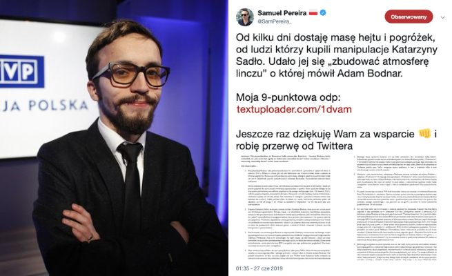 Samuel Pereira żali się na "masę hejtu i pogróżek". "Robię przerwę od Twittera"