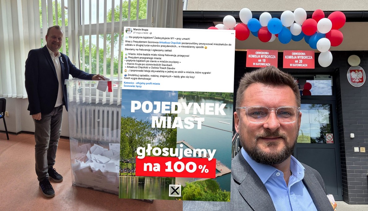 Prezydenci Katowic i Sosnowca założyli się, w którym mieście będzie większa frekwencja, przegrany musi przepłynąć kajakiem staw