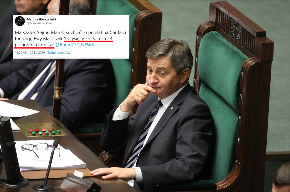 Marszałek Kuchciński w akcie przebłagalnym przelał 15 000 zł na cele charytatywne za to, że latał samolotem