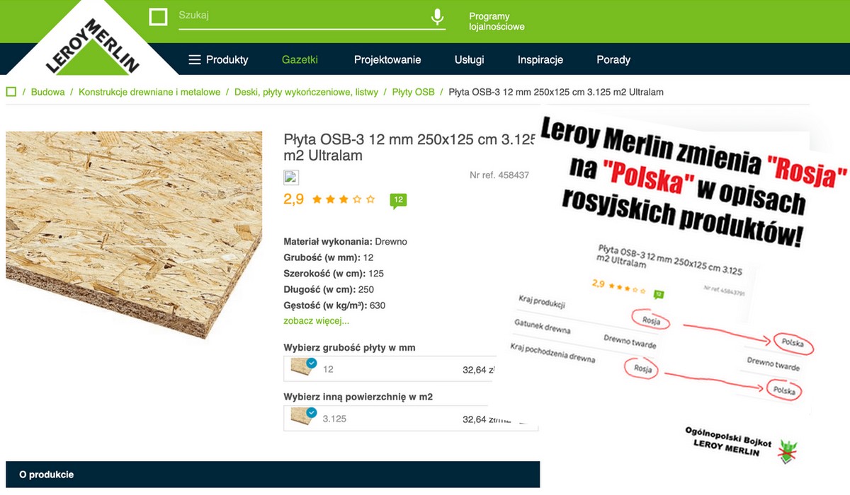 Aktywiści alarmują, że Leroy Merlin na cwaniaka podmienia napis "Rosja" na "Polska" w opisach produktów