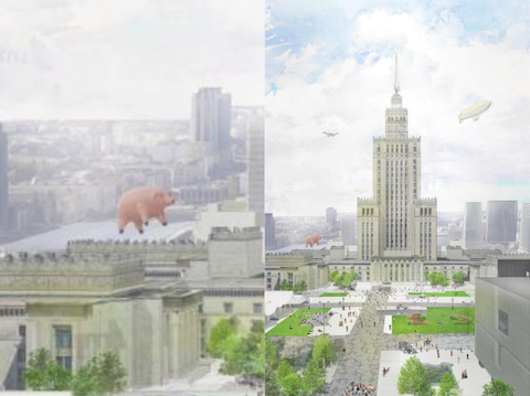 Latająca świnia na projekcie Placu Defilad Trzaskowskiego