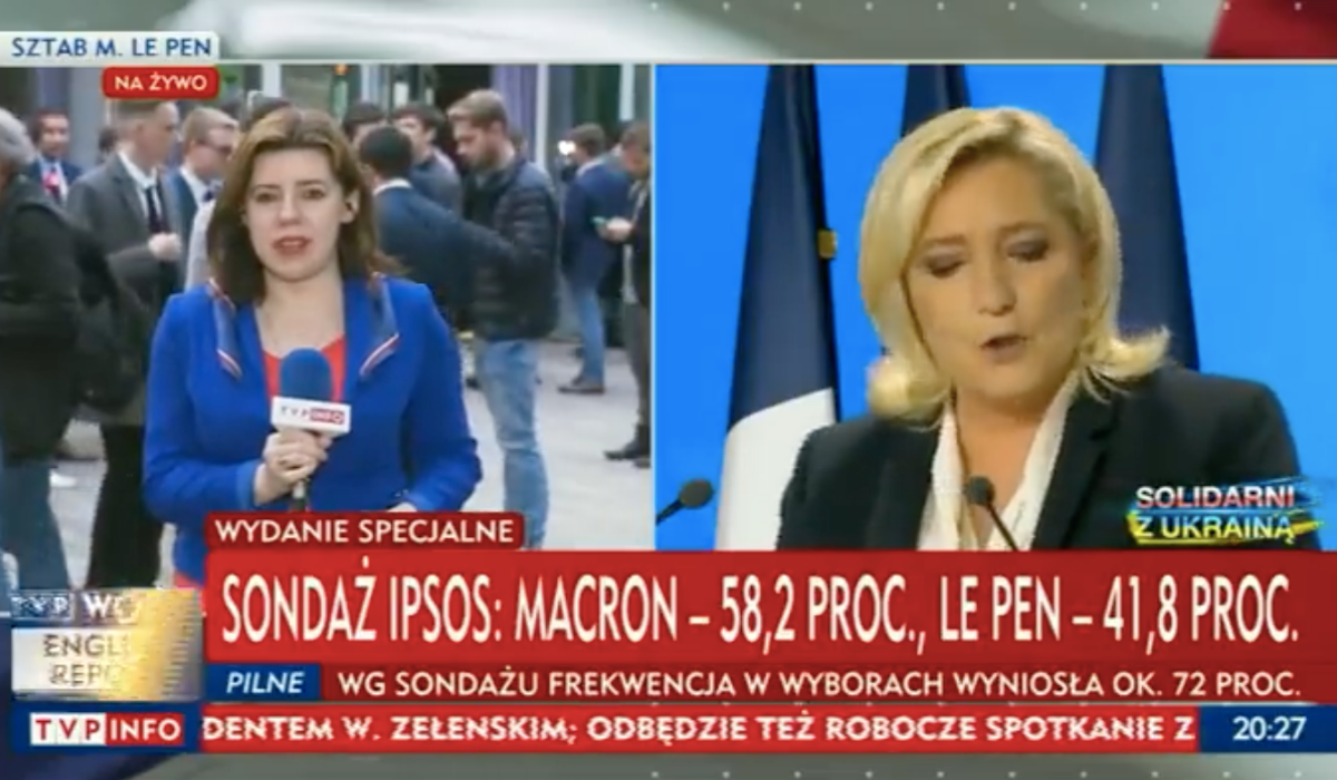 TVP mówiło o "historycznym zwycięstwie Le Pen" we Francji, ale nie poinformowało o zwycięstwie Macrona 