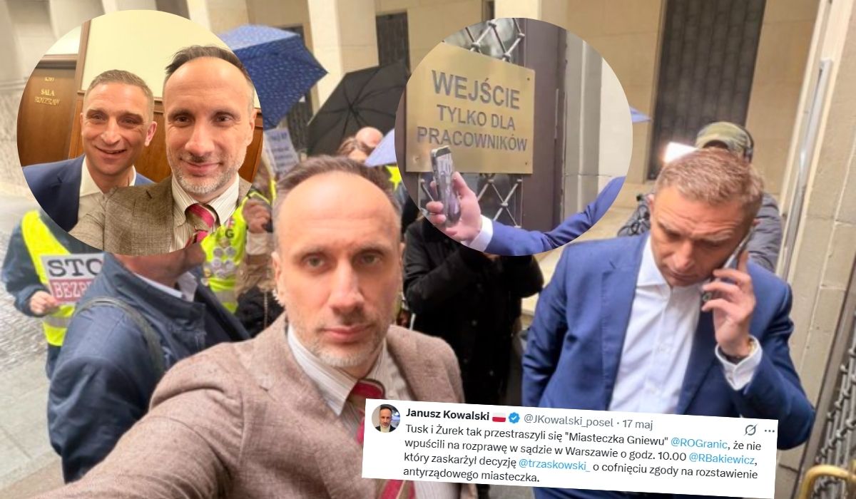 Bąkiewicz narzeka, że nie wpuszczono go do sądu na jego rozprawę, stojąc pod wejściem "tylko dla pracowników"