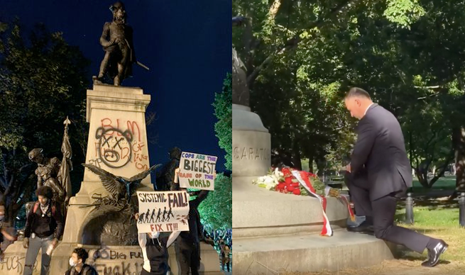 USA: prezydent Duda położył kwiaty pod tym pomnikiem Kościuszki, co nam go pomazali