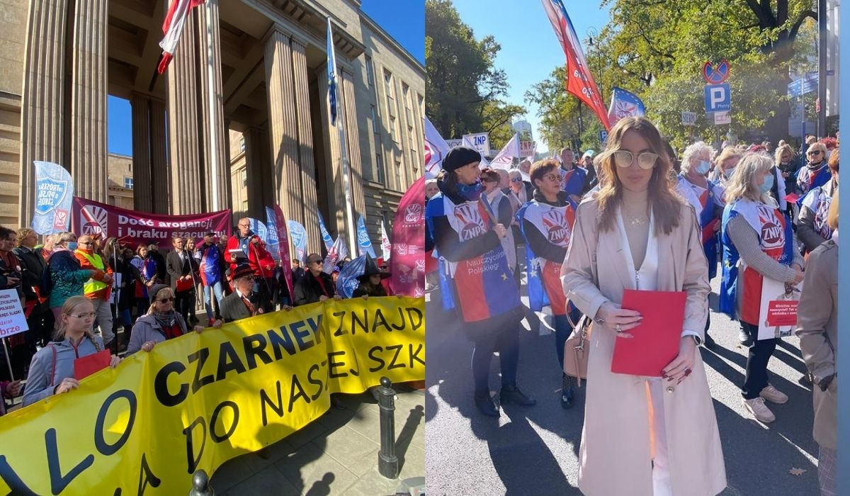 Nauczyciele protestowali pod ministerstwem, z jakiegoś powodu dołączyła do nich żona posła PiS znana z Top Model