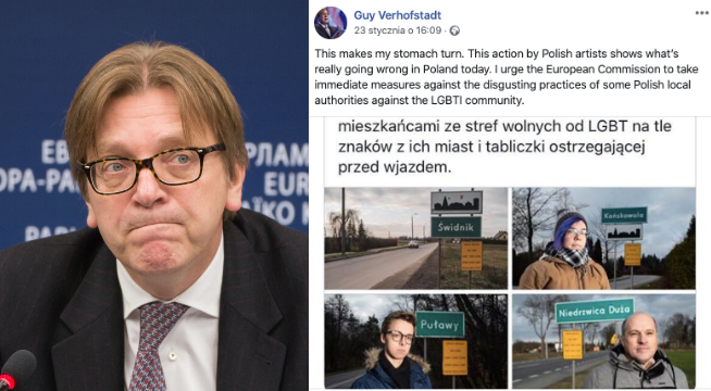 Guy Verhofstadt zrozumiał, że tabliczki "wolne od LGBT" naprawdę wiszą i chciał skierować sprawę do KE