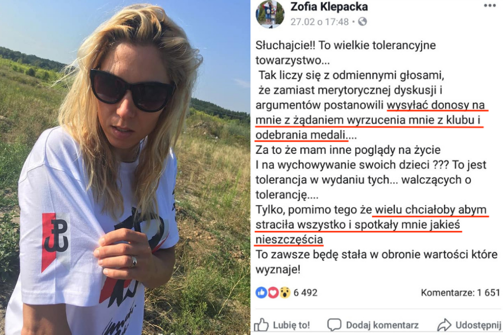 Klepacka: "tolerancyjne towarzystwo" żąda wyrzucenia mnie z klubu i odebrania medali