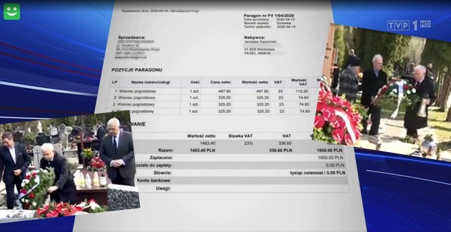 Wiadomości TVP pokazały fakturę Kaczyńskiego za wieńce na groby, które odwiedził w piątek